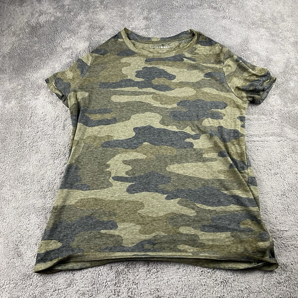 Lucky Brand Women T-Shirt Womens Medium Green Camo Short Sleeve